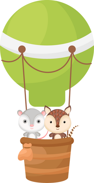 Cute little opossum, armadillo fly on green hot air balloon