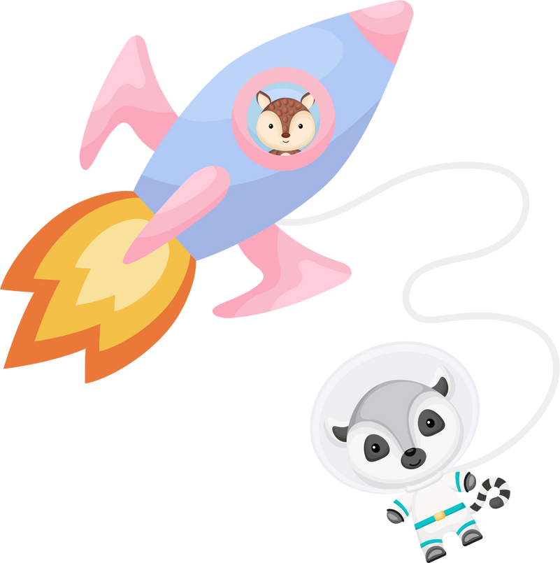 Cute armadillo and lemur flying in blue rocket